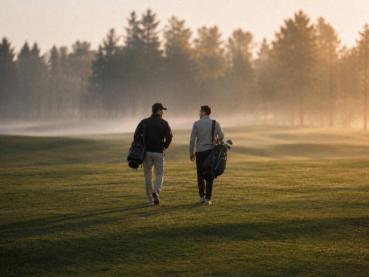 Golf bag and club beside a tee on a quiet course